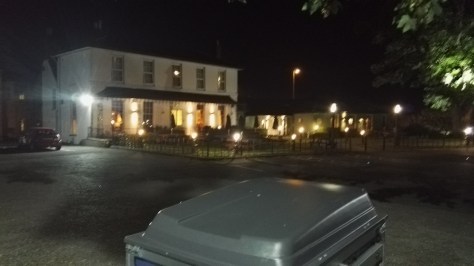 Outside the Premier inn, my new trailer just in view at bottom
